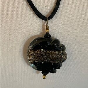 Vintage Handmade Art Glass Black Base Gold Foil Pendant Necklace